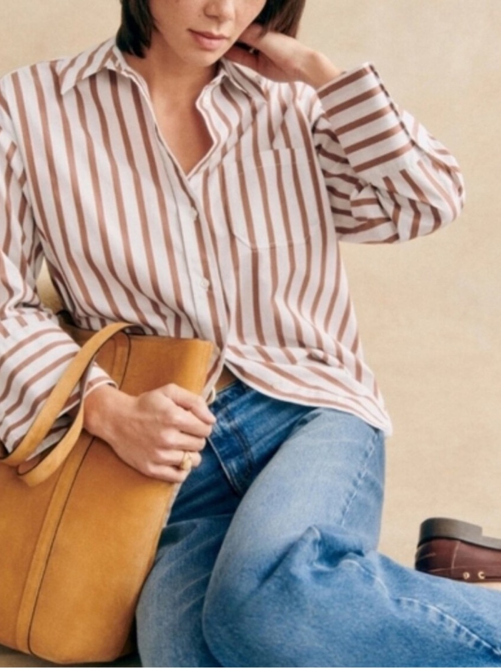 BNWT SZ 4 / 36 SÉZANE Bilma Brown and Ecru Striped Button Down 🇫🇷‼️